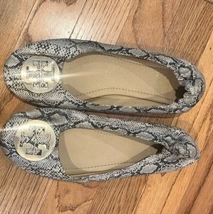Tory Burch snake skin look ballet flats with hardware at toe size 40